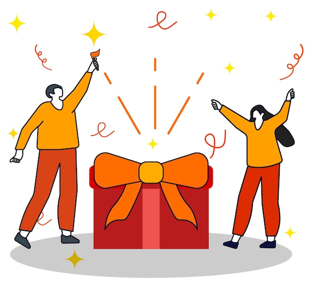 Hombre y mujer celebran en una fiesta con una gran caja de regalos Ilustración vectorial plana de dibujos animados