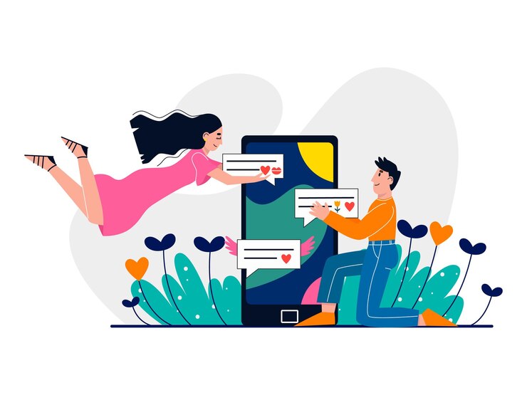 Vector hombre y mujer chateando en línea citas en línea relaciones virtuales concepto amor a través de internet