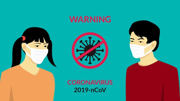 Hombre y mujer chinos asiáticos con máscaras médicas Concepto de prevención de peligro de virus advertencia Nuevo coronavirus 2019nCoV MERSCov síndrome respiratorio de Oriente Medio coronavirus
