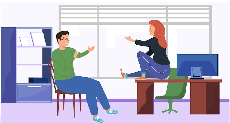 Vector hombre y mujer colegas oficinistas en la oficina gente adentro hablando comunicando