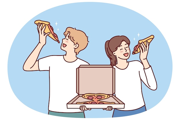 Hombre y mujer comen pizza sosteniendo una caja de bocadillos italianos y saciando el hambre juntos