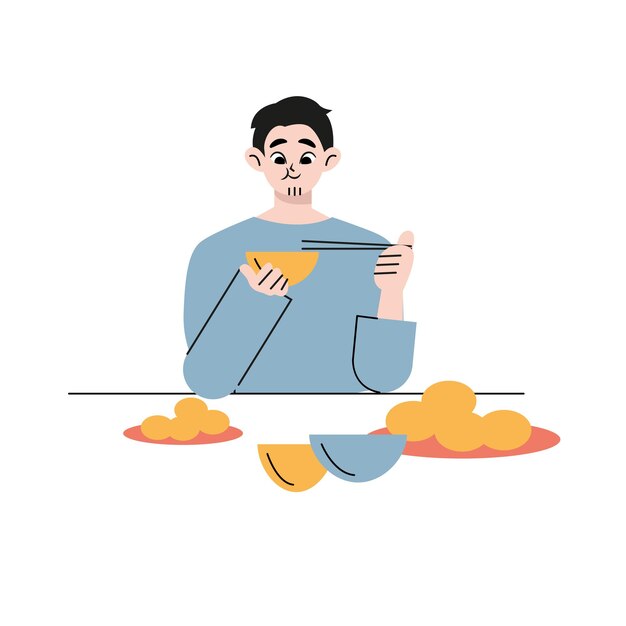 Vector hombre, mujer comiendo comida en un restaurante con palillos. ilustración de diseño de vector de estilo plano dibujado