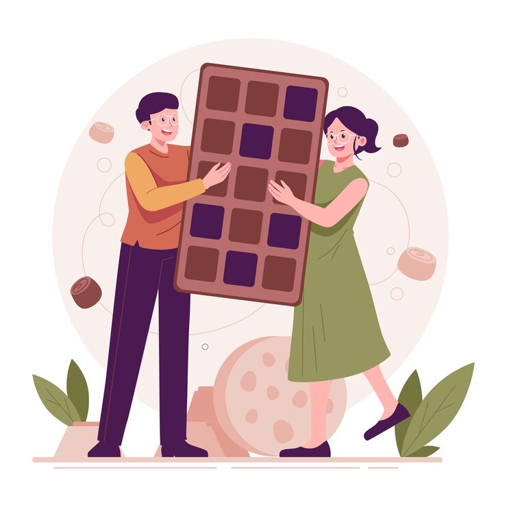 Hombre y mujer compartiendo ilustración plana de chocolate