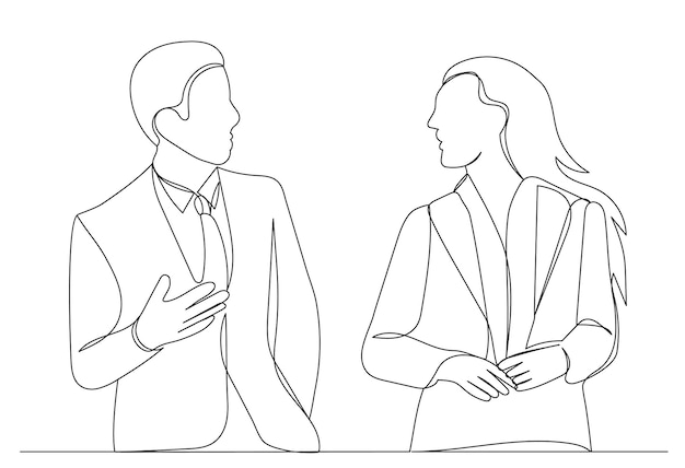 El hombre y la mujer se comunican vector de dibujo de línea continua de boceto