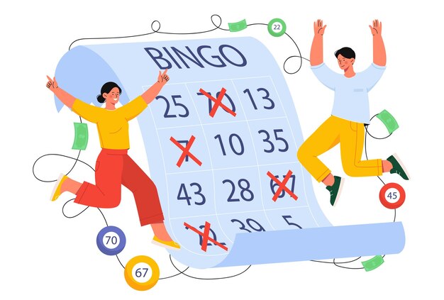 Hombre y mujer con concepto de bingo, juegos de azar y juegos de fortuna, gente divirtiéndose, pareja joven, asignando