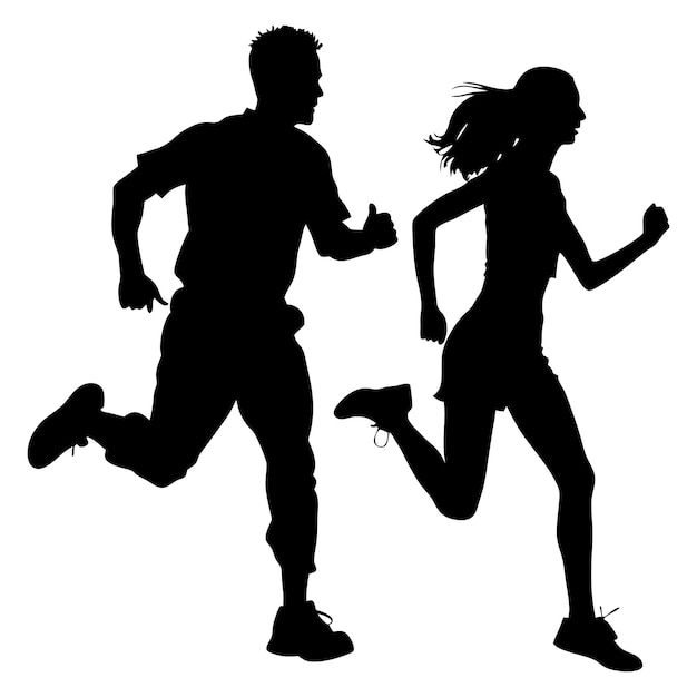 Hombre y mujer corriendo silueta negra ilustración vectorial aislada pareja corriendo