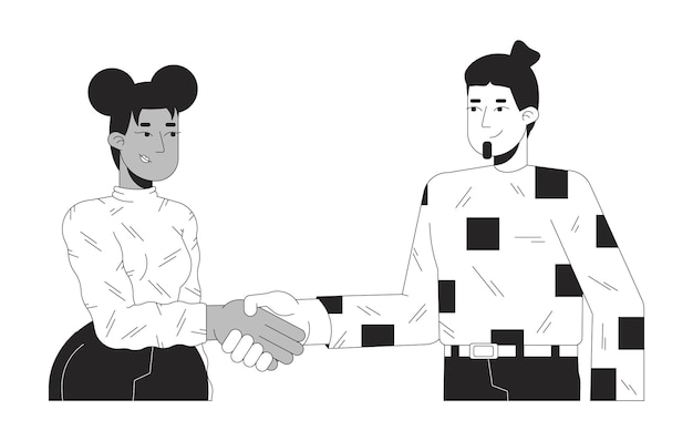 Hombre y mujer se dan la mano en blanco y negro 2D personajes de dibujos animados