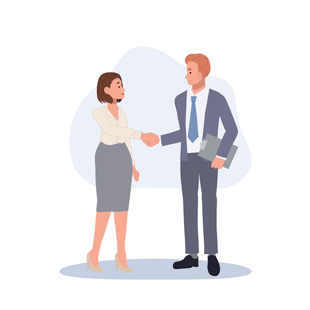 Hombre y mujer dándose la mano logro en trato oficinistas dándose la mano contrato trabajo en equipo asociación Ilustración vectorial