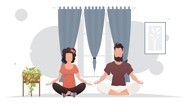 Vector el hombre y la mujer se dedican a la meditación en la habitación estilo de dibujos animados de yoga