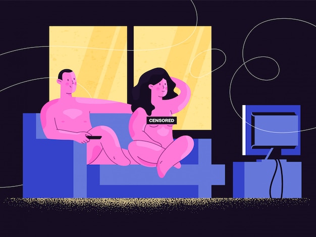 Hombre y mujer desnudos viendo programas de televisión o videos en línea en un sofá con letrero censurado foto imagen