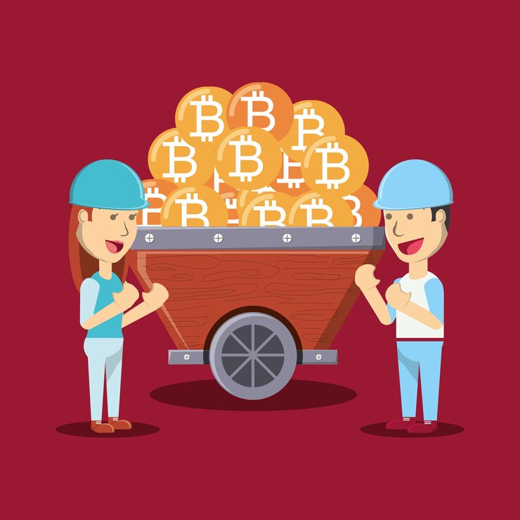 Vector hombre y mujer de dibujos animados con carro de minería con bitcoins