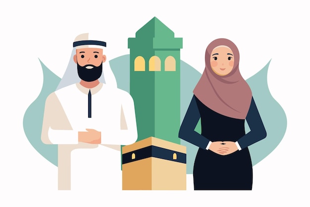 Un hombre y una mujer dignos vestidos con el traje tradicional del Hajj