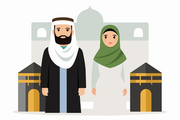 Un hombre y una mujer dignos vestidos con el traje tradicional del Hajj