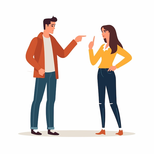 Hombre y mujer discutiendo y apuntándose con el dedo Ilustración vectorial