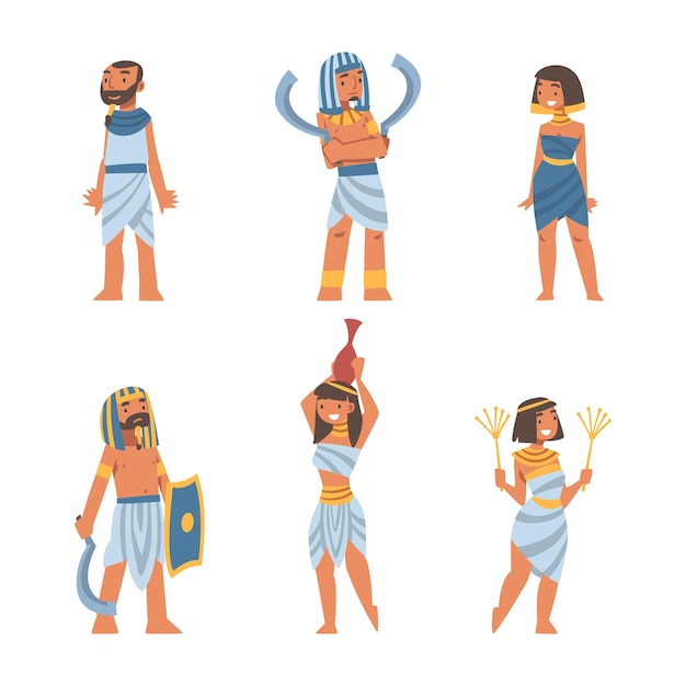 Hombre y mujer egipcios con ropa auténtica y collar Vector Set