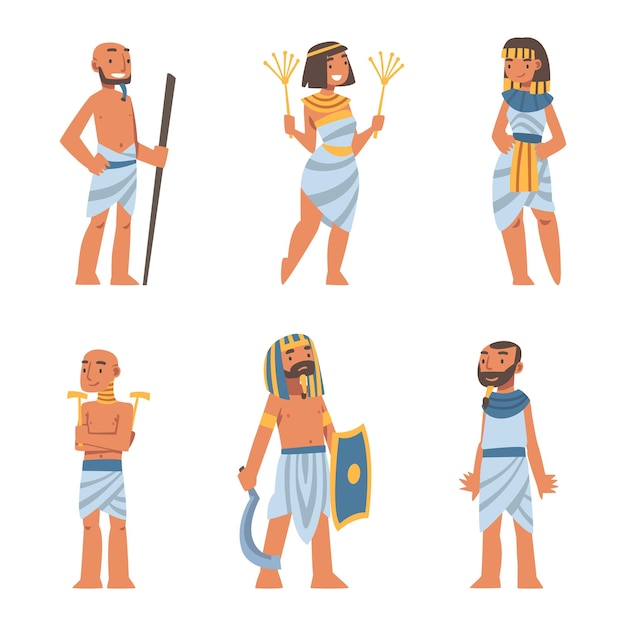 Hombre y mujer egipcios con ropa auténtica y collar Vector Set