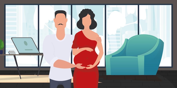 Vector hombre y mujer embarazada afiche sobre el tema la familia joven está esperando el nacimiento de un niño embarazo positivo y consciente ilustración vectorial en un estilo plano