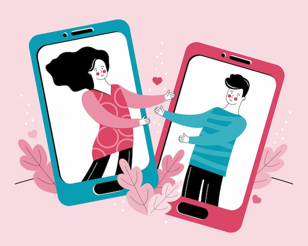Vector un hombre y una mujer enamorados se comunican de forma remota a través de internet. relaciones virtuales, citas online, chat.