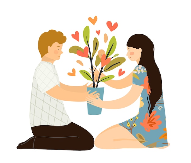 Vector hombre y mujer enamorados sentados con planta de interior en el suelo, agachado, sosteniendo maceta con planta de corazones de cojinete. creciente amor juntos concepto psicológico.