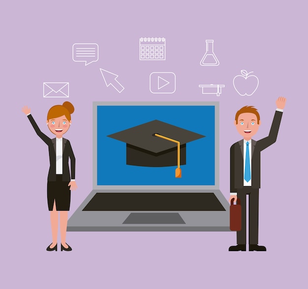 hombre y mujer enseñando ilustración de vector de aprendizaje en línea