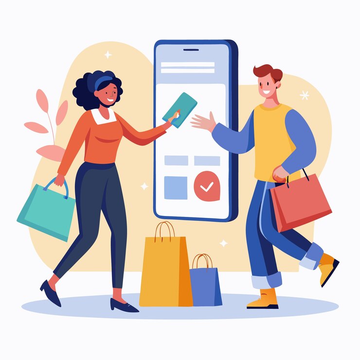 Vector un hombre y una mujer están comprando en línea la mujer le da su tarjeta de crédito al hombre que tiene un teléfono inteligente
