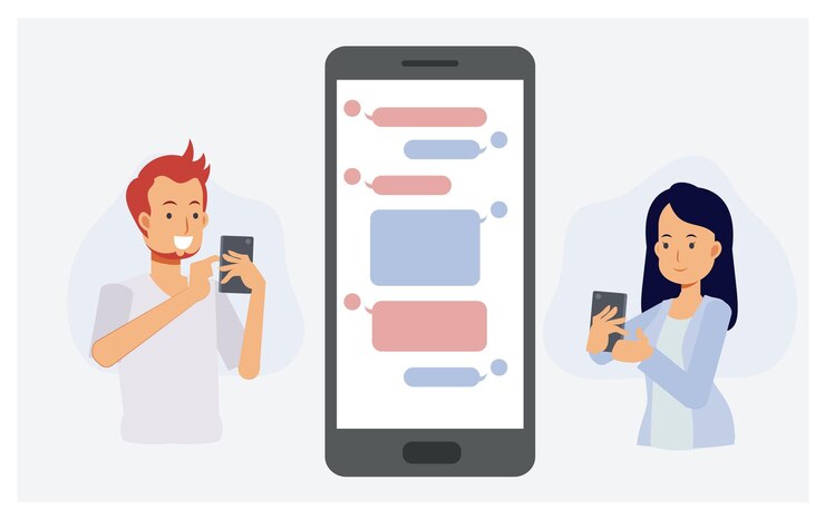 Vector el hombre y la mujer están hablando por la aplicación en el teléfono. ilustración de personaje de dibujos animados de vector plano.