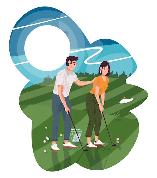 Vector un hombre y una mujer están jugando al golf.