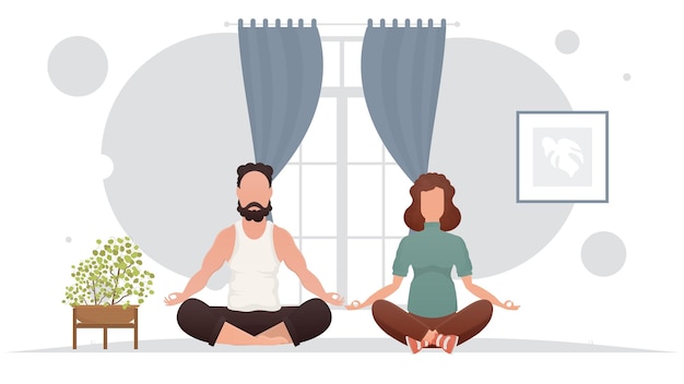 Vector un hombre y una mujer están meditando en una habitación meditación estilo de dibujos animados