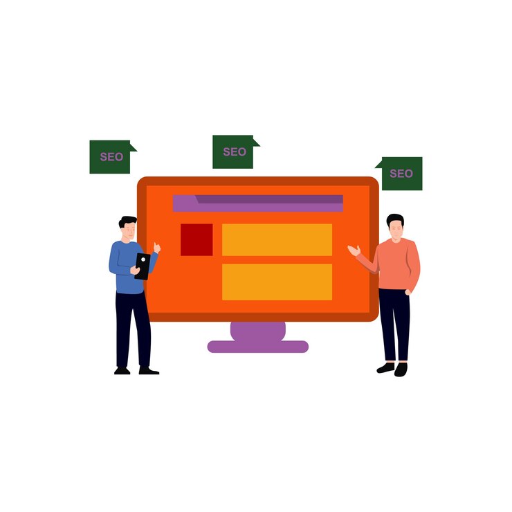 Vector un hombre y una mujer están de pie junto a una pantalla de computadora que dice seo.