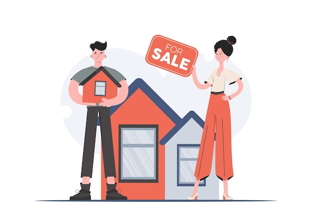 Un hombre y una mujer están de pie en pleno crecimiento con un cartel de venta Venta de casa Elemento de estilo plano para sitios de presentaciones Ilustración vectorial