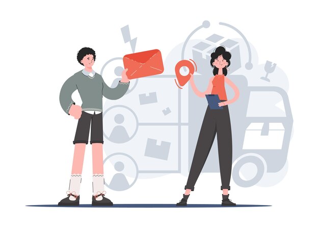 Un hombre y una mujer están de pie en pleno crecimiento con un icono de geolocalización y un sobre en sus manos Elemento de entrega para sitios de presentaciones
