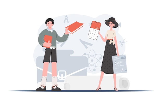 Vector un hombre y una mujer están de pie y sosteniendo un libro y un ejemplo de un formulario de impuestos el estudio de los impuestos elemento para la presentación ilustración vectorial