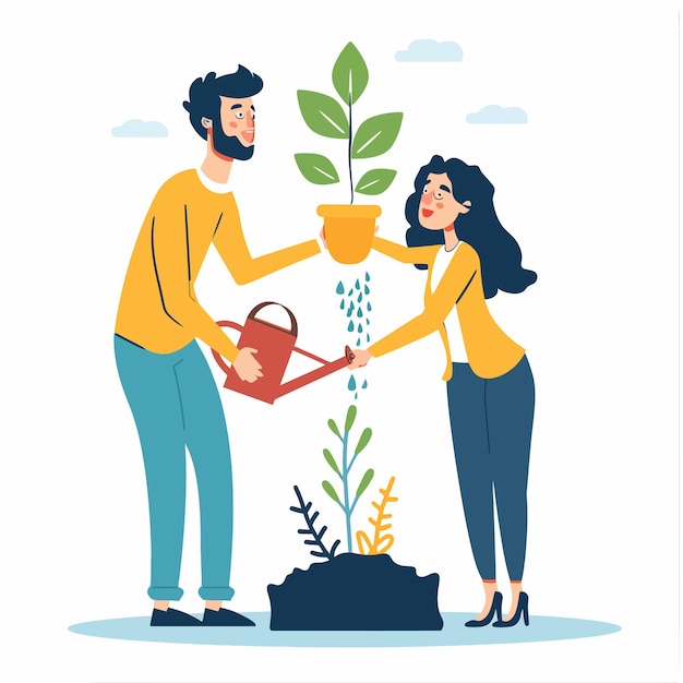 Un hombre y una mujer están regando una planta con una olla de agua y una planta