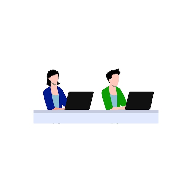 Un hombre y una mujer están sentados en un escritorio con una computadora portátil.