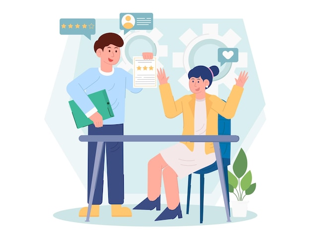 Un hombre y una mujer están sentados con un mensaje que dice calificar la ilustración del servicio al cliente