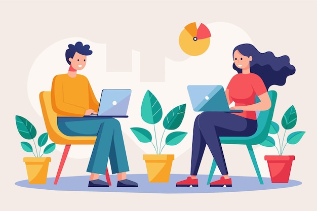 Un hombre y una mujer están sentados en una mesa ambos centrados en sus portátiles dos personas sentadas en sillas con portátiles Ilustración vectorial plana simple y minimalista