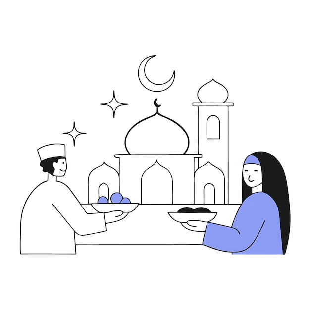 un hombre y una mujer están sentados en una mesa con una mezquita azul en el fondo