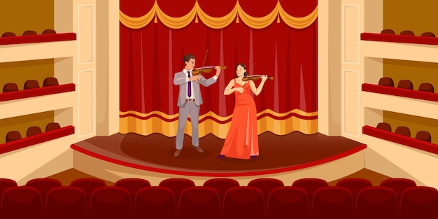 Vector hombre y mujer están tocando violines en el escenario hombre lleva un traje y corbata y la mujer lleva un vestido rojo la escena tiene lugar en un teatro con cortinas rojas y asientos rojos ilustración vectorial