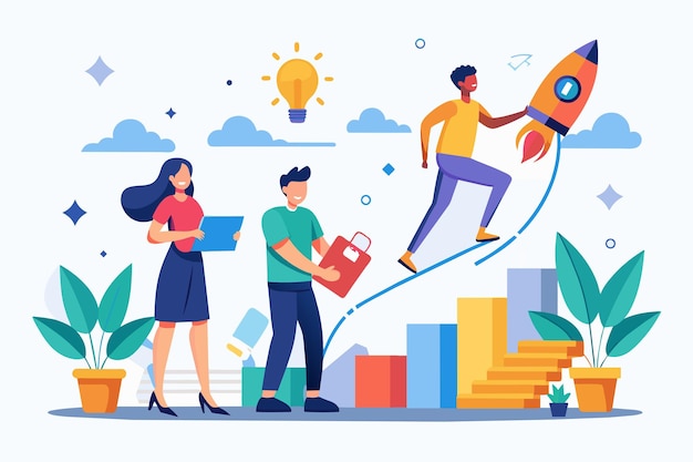 Un hombre y una mujer están volando por el cielo en un cohete La gente comienza un proyecto de negocios en tendencia Ilustración vectorial plana simple y minimalista