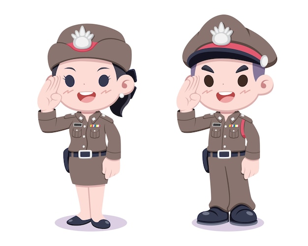 Hombre y mujer de estilo lindo oficial de policía tailandés ilustración de dibujos animados