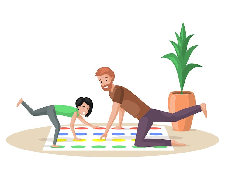 Vector hombre y mujer familia feliz jugando juego de trabalenguas en casa padre e hija en la vida cotidiana pareja joven disfruta del entretenimiento en el piso la gente pasa tiempo juntos con juegos de interior divertirse