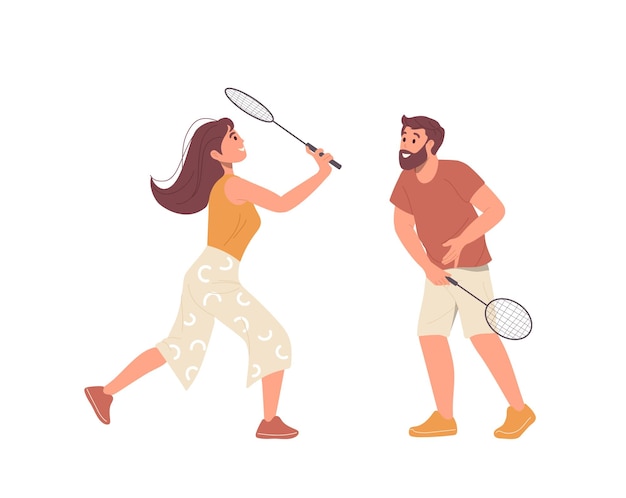 Hombre y mujer felices personajes de dibujos animados jugando al bádminton al aire libre sosteniendo una raqueta golpeando el volante el uno al otro teniendo un pasatiempo divertido juntos ilustración vectorial Deporte y ocio recreación