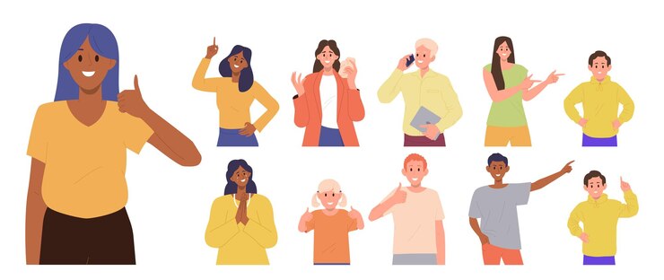 Vector hombre y mujer felices personajes de dibujos animados señalando a un lado con el dedo índice anunciando algo