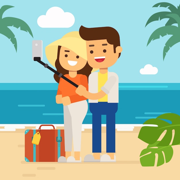 Vector hombre y mujer felices en la playa en vacaciones de verano, par turístico en la isla tropical con su equipaje que hace el selfie