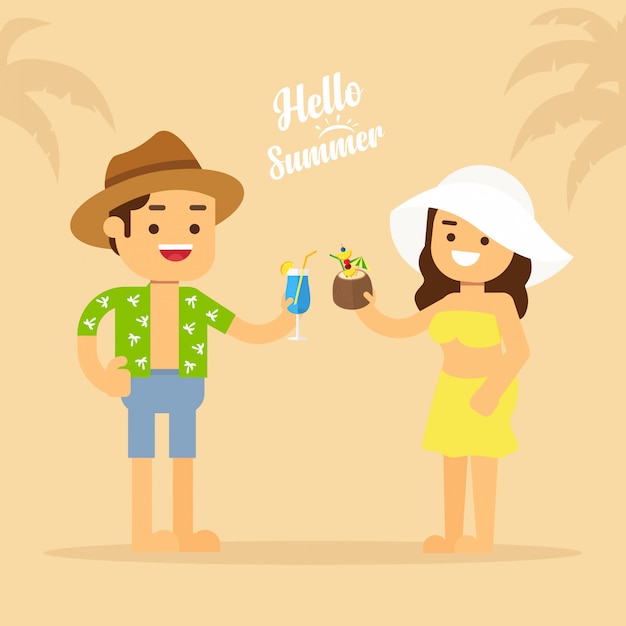 Hombre y mujer felices en la playa en vacaciones de verano