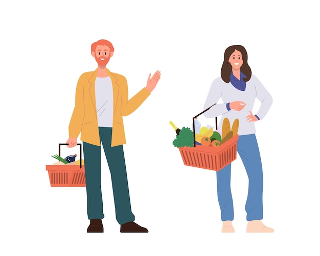 Hombre y mujer felices, sonrientes, compradores, personajes de dibujos animados con canasta de productos, disfrutando del tiempo de compras en la tienda minorista, mercado de alimentos el fin de semana, ilustración vectorial, compras en el supermercado y autoservicio.