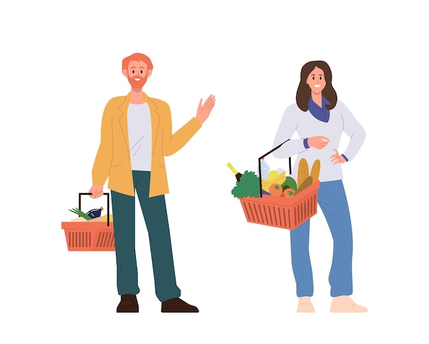 Vector hombre y mujer felices, sonrientes, compradores, personajes de dibujos animados con canasta de productos, disfrutando del tiempo de compras en la tienda minorista, mercado de alimentos el fin de semana, ilustración vectorial, compras en el supermercado y autoservicio.