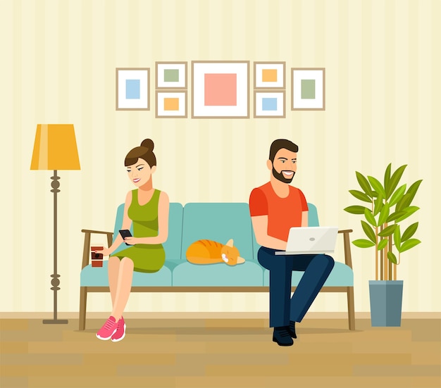 Hombre, mujer y gato sentados en el sofá con portátil y smartphone. Ilustración vectorial plana