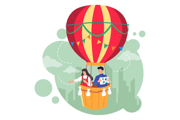 Vector hombre y mujer en un globo aerostático