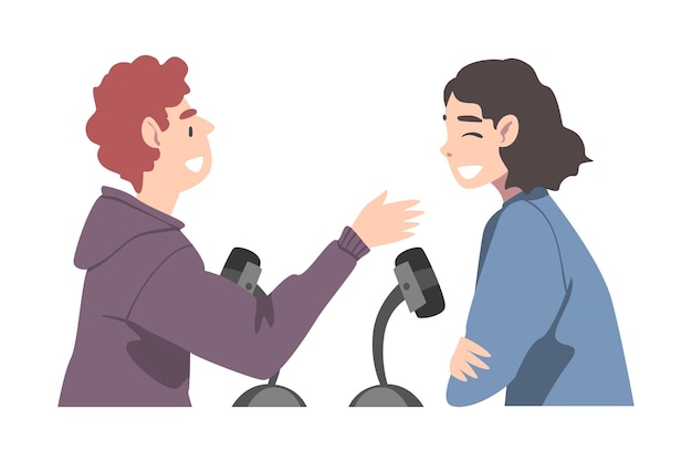 Hombre y mujer grabando podcast Anfitrión de radio entrevistando a un invitado en el estudio en el aire Podcasting Ilustración vectorial de estilo dibujos animados